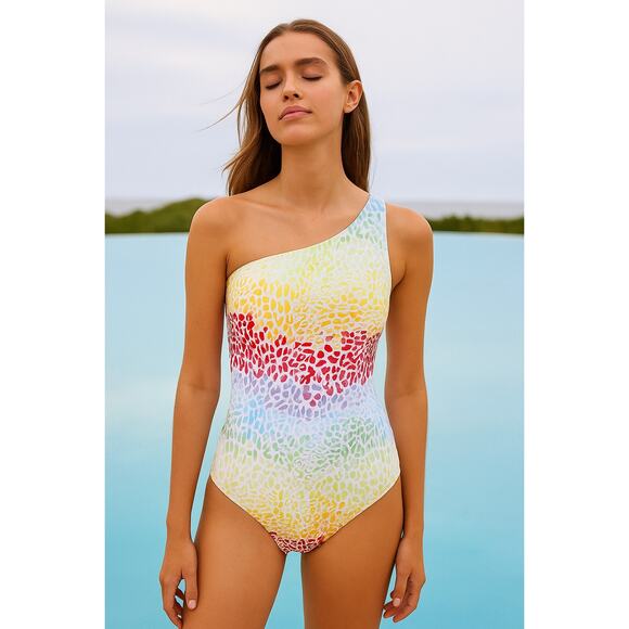 Onia Rainbow Leopard Print One Piece Swimsuit One Shoulder NWT - Picture 1 of 8